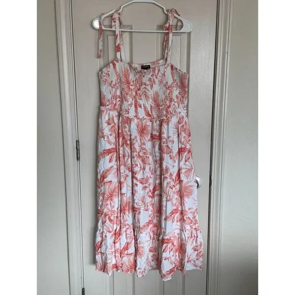 Torrid Coral Floral Tie Shoulder Midi Dress Summer Tropical Palm Print Size 2 g1 - Picture 3 of 6